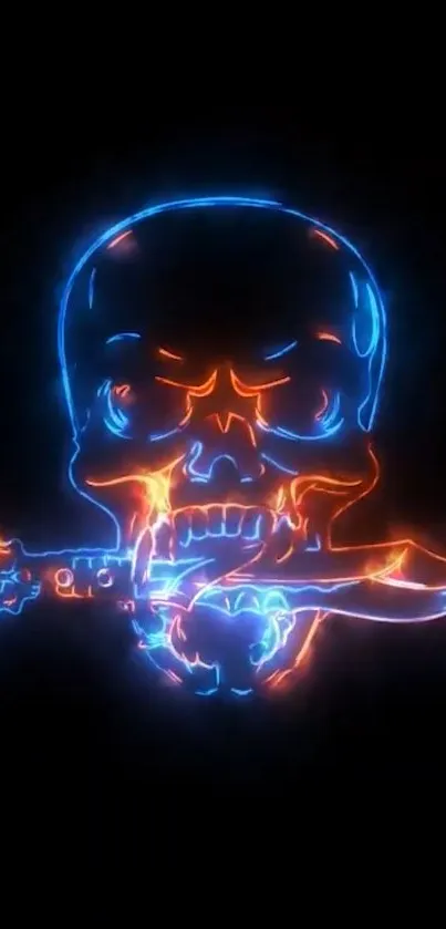 Neon skull with glowing sword, blue and orange on black background.