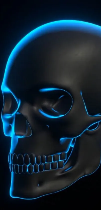 Neon skull wallpaper with blue glow on dark background.