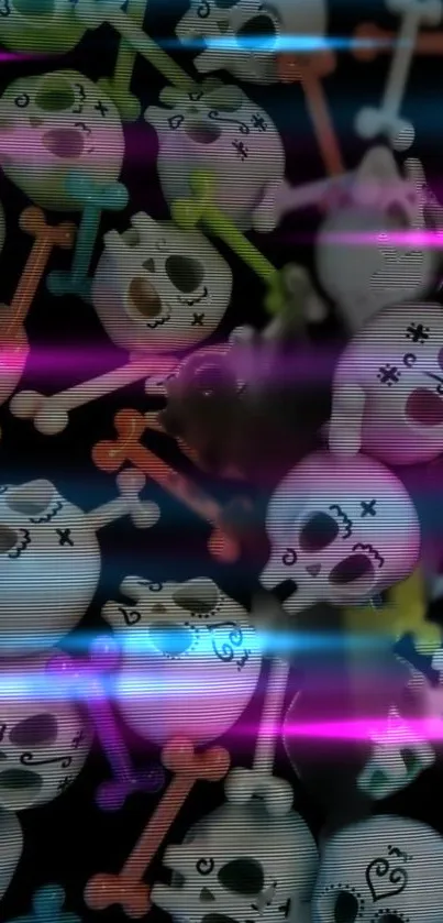 Neon skulls and crossbones wallpaper with colorful accents.