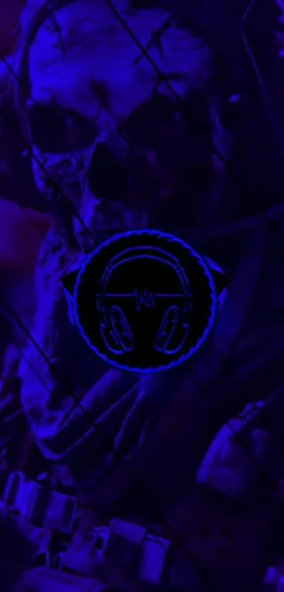 Neon blue skull soldier wallpaper with dark, mysterious vibe.