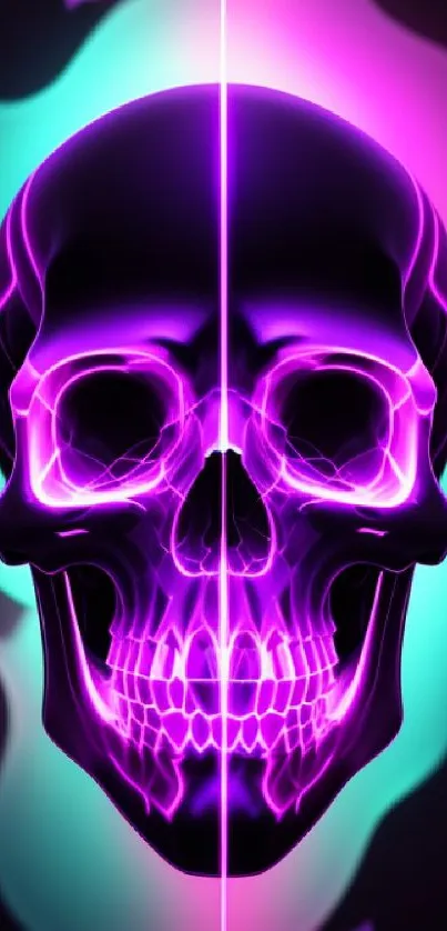 Neon purple skull wallpaper with teal background accents.