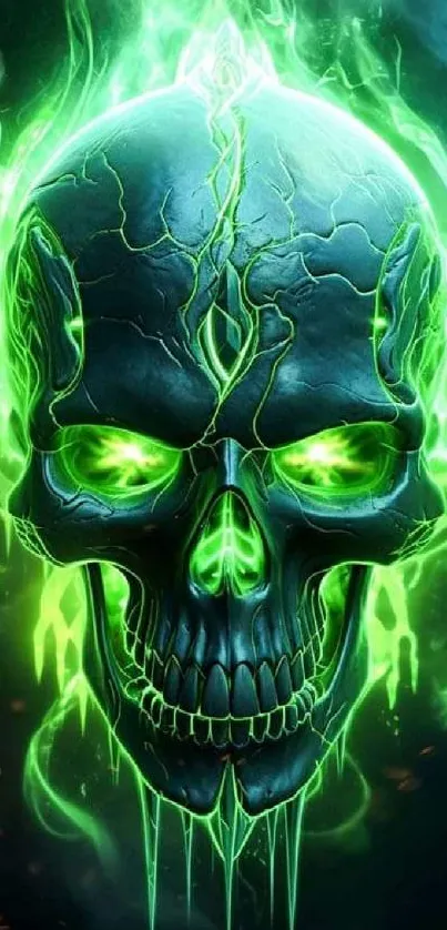 Neon green skull mobile wallpaper with glowing effects.