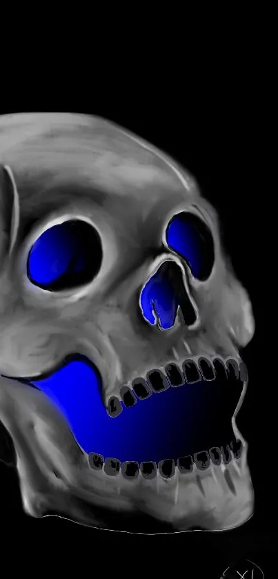 Neon blue-accented skull on black wallpaper.