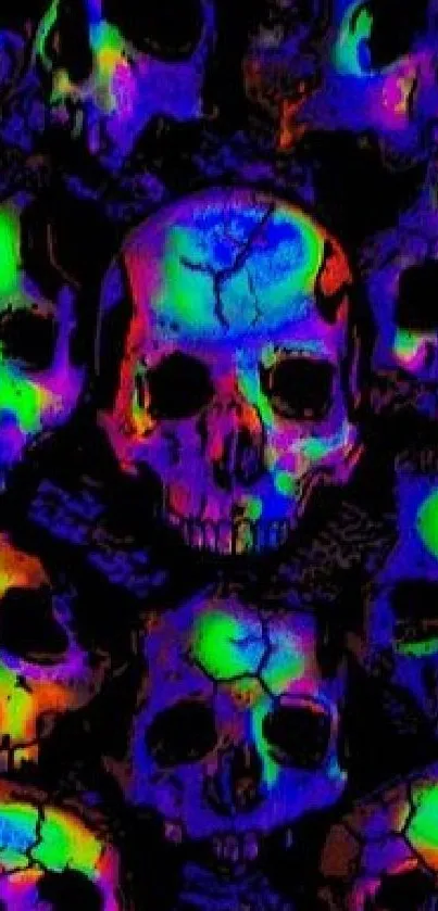 Vibrant neon skulls with psychedelic colors on a dark background.