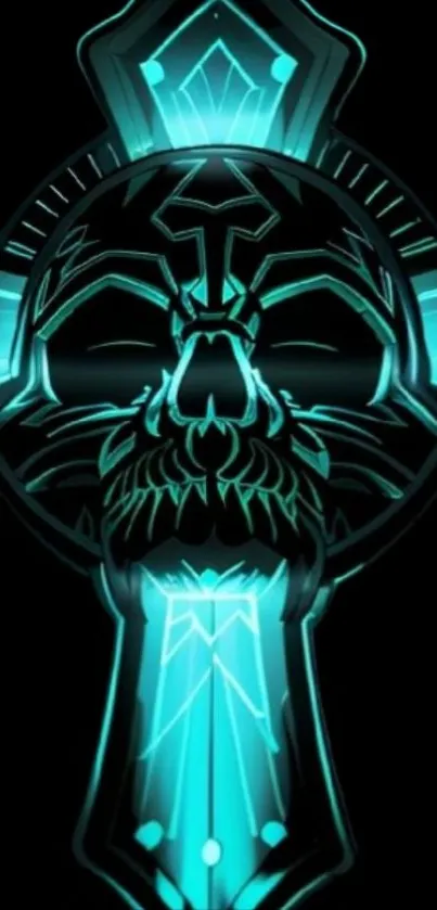 Neon teal skull design mobile wallpaper with glowing accents.