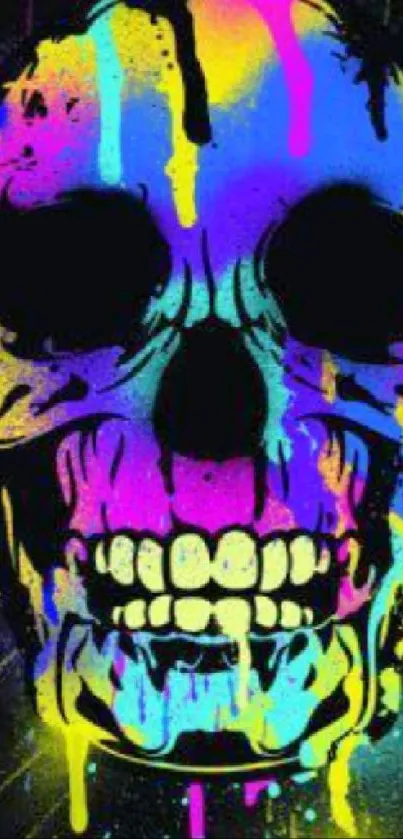 Bright neon skull wallpaper with colorful splashes for mobile phone.