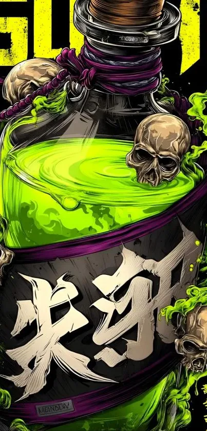 Neon green potion bottle with skulls and artistic design.