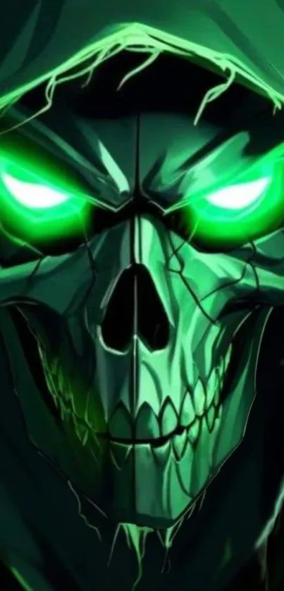 Neon green skull with glowing eyes on a dark background.