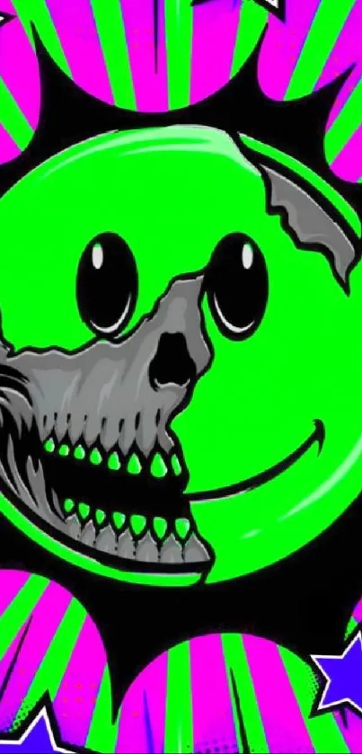 Neon green skull smiley face wallpaper with vibrant colors.