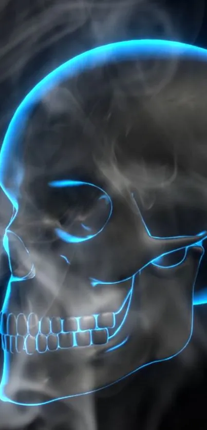 Edgy neon skull with blue glow and smoke on a dark background.