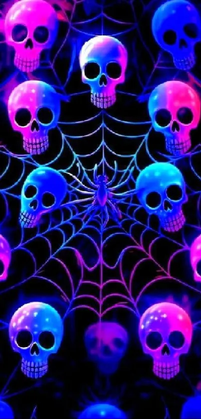 Neon skulls with spiderweb in blue and pink hues.