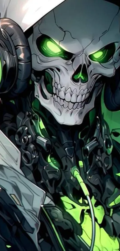 Futuristic skull with neon green highlights and tech details in dark tones.