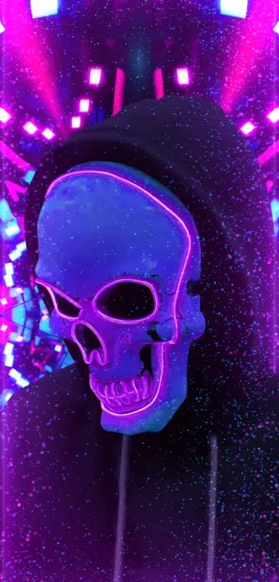 Neon skull with digital vortex background, vibrant and futuristic.