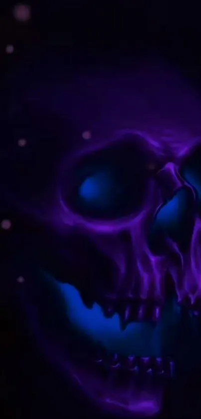 A vibrant neon purple skull in the dark.