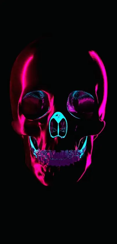 Neon pink skull on dark background wallpaper.