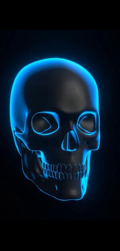 Neon blue glowing skull on dark backdrop.