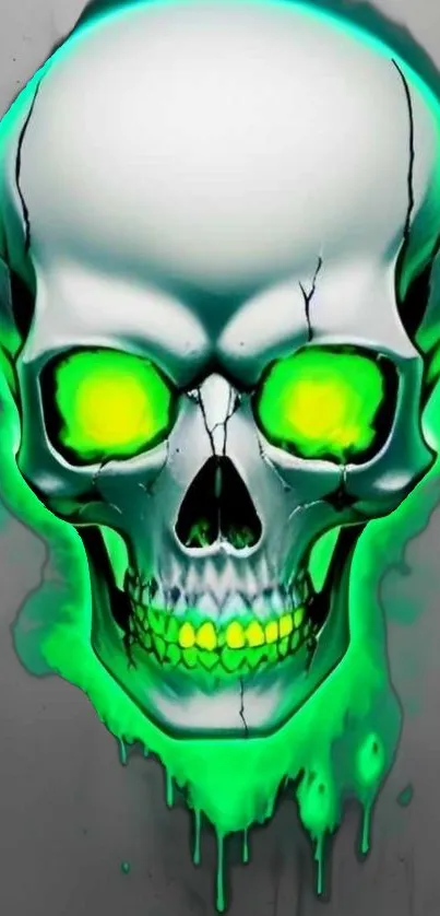 Neon green skull with glowing elements on a wallpaper design.