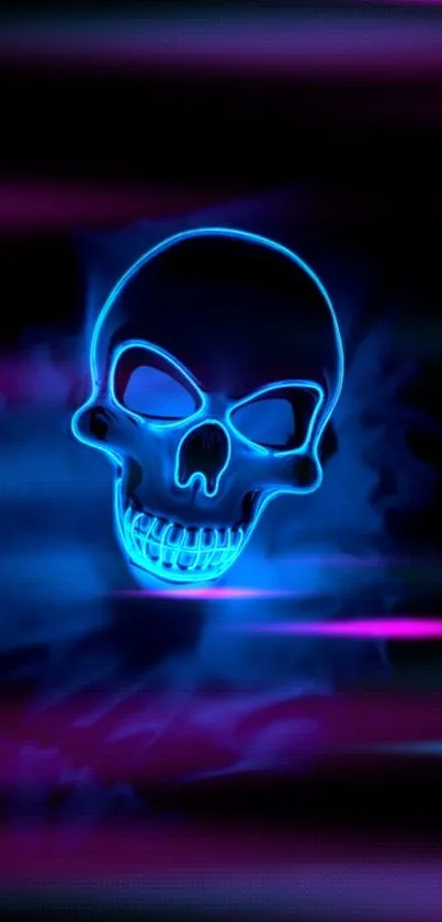 Neon blue skull with dark smoky background in mobile wallpaper.