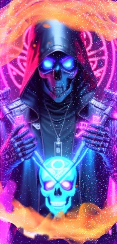 Neon skull warrior with futuristic design and vibrant hues.