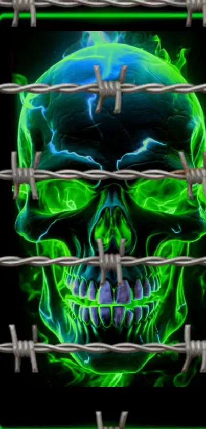 Neon green skull with barbed wire design.