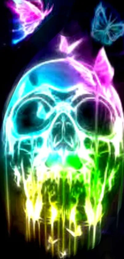 Neon skull with bright butterflies in a dark backdrop.