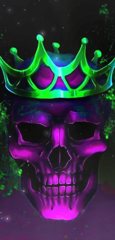 Vibrant neon skull with glowing green crown on dark background.