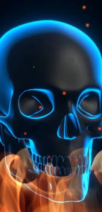 Neon skull with a fiery glow on a dark background.