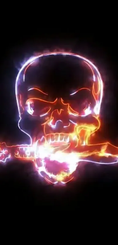 Neon skull with a fiery knife mobile wallpaper.