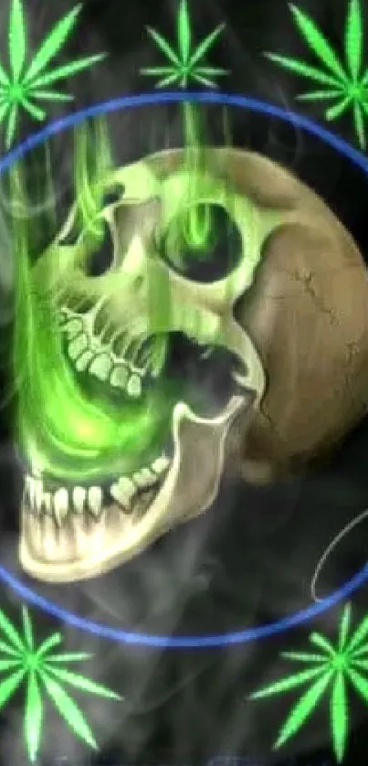 Neon skull with green flames and cannabis leaf design on a dark background.