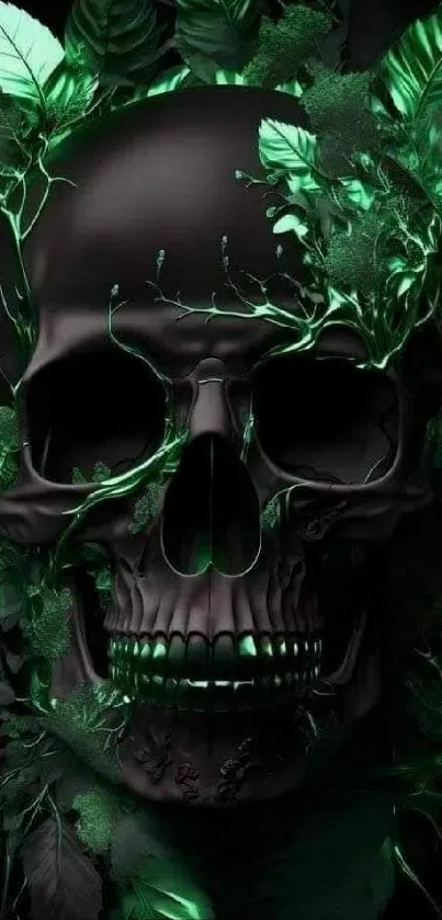 Dark skull with neon green leaves, gothic nature wallpaper.