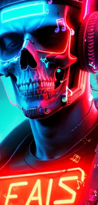 Neon skull with headphones and music notes vibrant wallpaper.