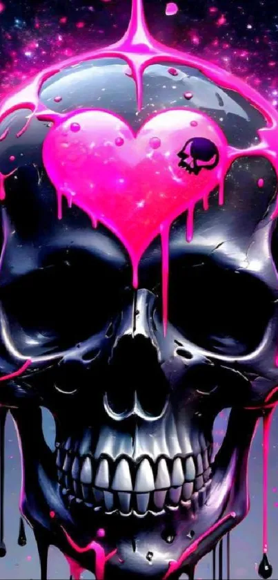 Neon skull with pink heart dripping art