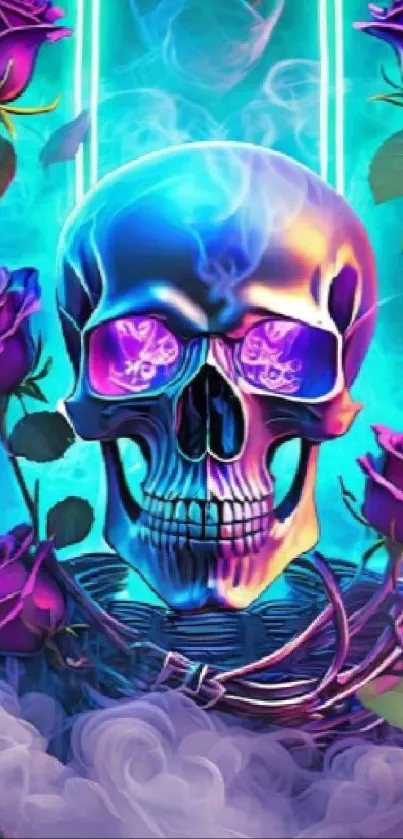 Vivid neon skull with purple roses and teal glow background.