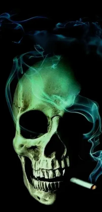 Neon green skull with smoke on black background.