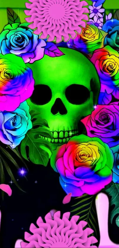 Neon green skull surrounded by colorful roses on a dark background wallpaper.