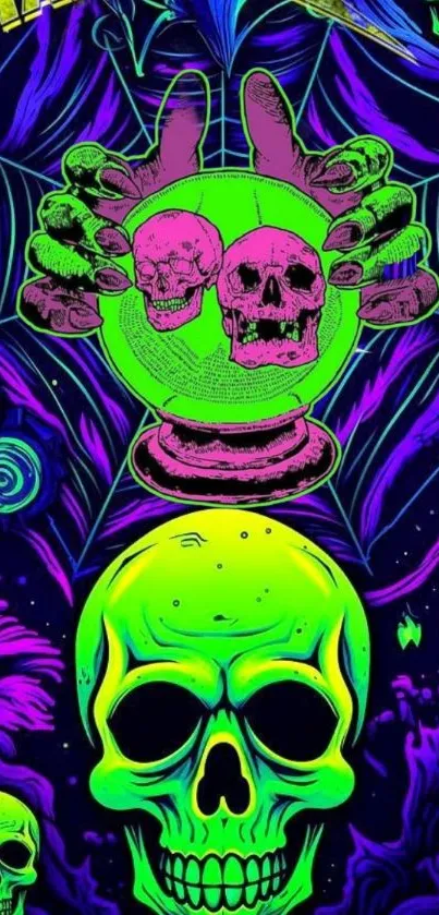 Psychedelic neon skulls with a crystal ball design.