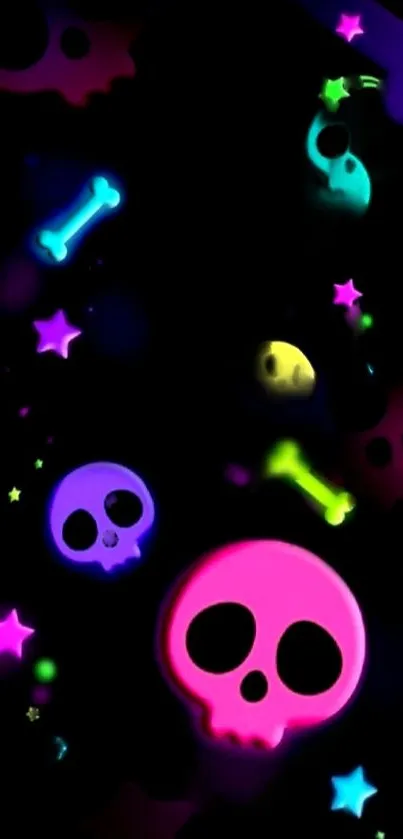 Neon skulls and stars glowing on a dark background, creating a vibrant, edgy design.