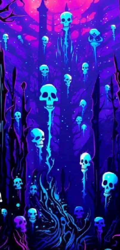 Neon skulls in a vivid purple fantasy forest, creating a mystical and eerie landscape.