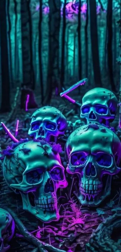 Neon skulls glowing in an enchanted forest setting, creating an eerie yet mesmerizing ambiance.