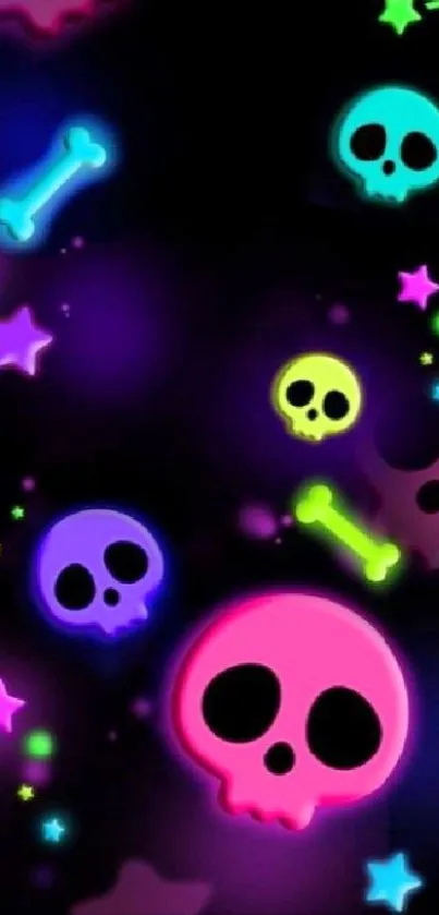 Colorful neon skulls and stars on black background.