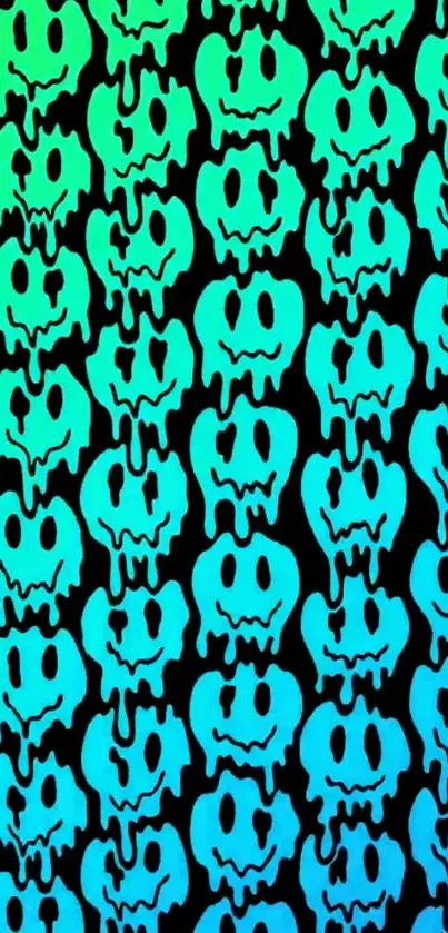 Neon skulls pattern with dripping effect on dark background.