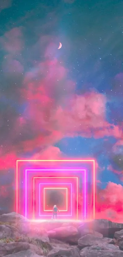 Neon pink portal under a starry sky with vibrant clouds.