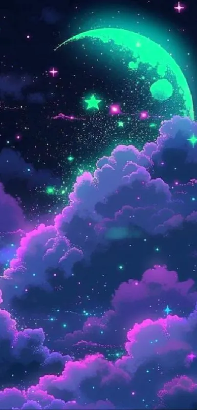 Neon sky wallpaper with vibrant clouds and celestial elements.