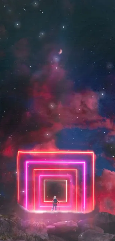 A person stands before a neon-lit portal under a starry cosmic sky.