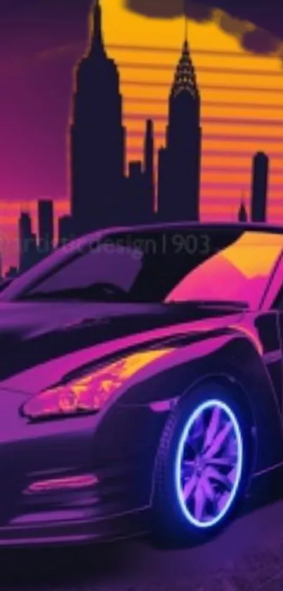 Neon sports car with city skyline backdrop.