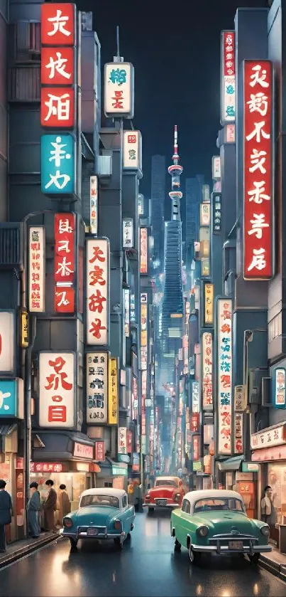 Vibrant neon city street at night with colorful signs.