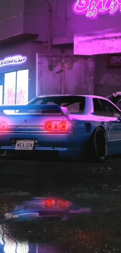 Blue sports car with neon lights and graffiti art in urban night scene.