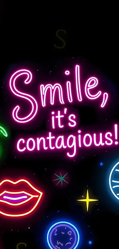 Neon sign with 'Smile, it's contagious!' text.