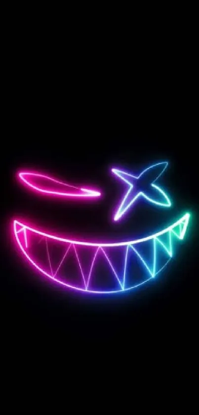 Neon smiley face on a black background, vibrant iPhone wallpaper.