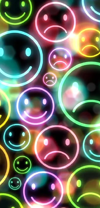 Neon smiley face wallpaper with colorful designs.